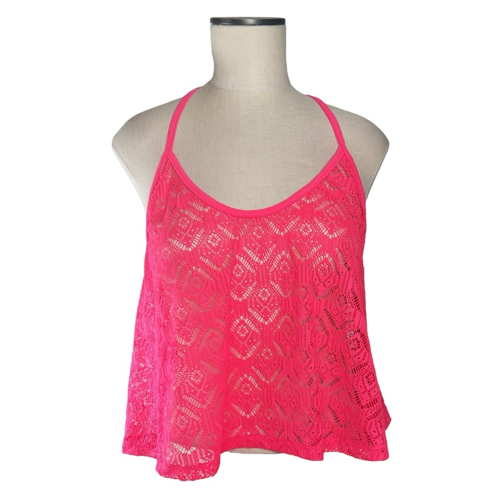 OP Neon Pink Crochet Crop Top Sz L EUC Beach Vacation Pool Cruise Summer Spring